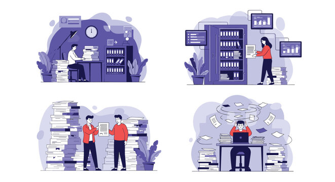Collection of four office scenes depicting the stress and overwhelming nature of dealing with large piles of paperwork.