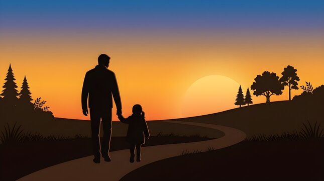 Silhouette of man and child walking on a path at sunset