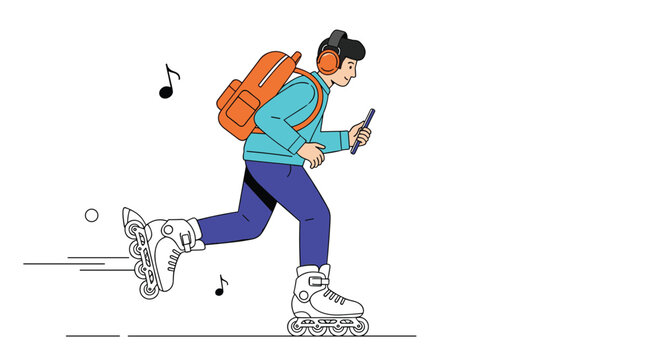 Active young man wearing headphones and a backpack skating on rollerblades while holding a smartphone on white background.