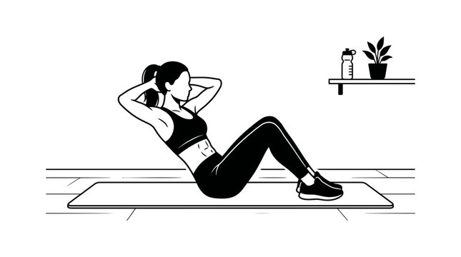 Athletic woman performing core strengthening abdominal crunches on a yoga mat in a simple line style