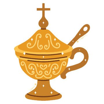Detailed golden liturgical incense boat used to hold grains for ceremonial church thuribles.