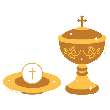 Traditional golden chalice and paten set used for the holy sacrament of communion.