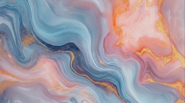 Abstract marble background with blue pink and peach fluid waves and golden glitter veins