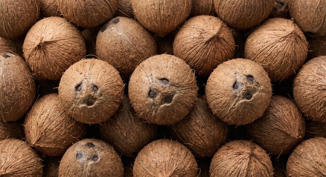 A tightly packed overhead view of numerous whole brown coconuts with their fibrous husks and distinct three-eyed faces creating a natural textured surface