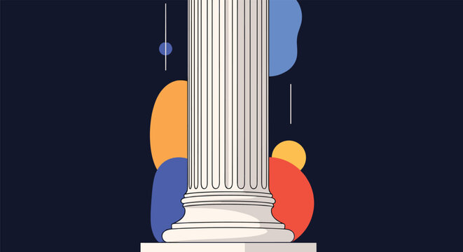 Architectural close up of a classical greek column base against a dark background with colorful abstract shapes.