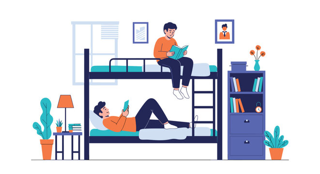 Two young boys reading books while resting in their shared bedroom with a bunk bed desk and organized bookshelf.