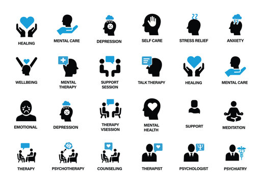 Mental health and therapy session icon set featuring counseling, psychotherapy, stress relief, anxiety, depression, meditation, emotional support, and wellness psychology symbols.