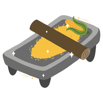 Flat design illustration of a stone metate with ground corn for traditional harvest rituals.