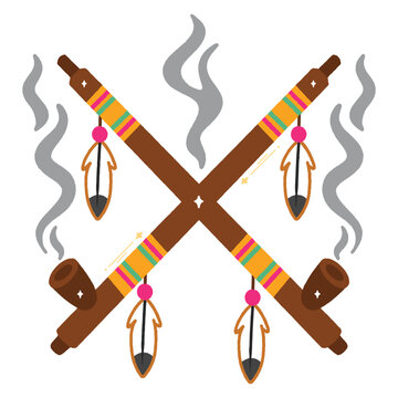 Ornate crossed ceremonial peace pipes with decorative feathers for indigenous cultural
rituals.