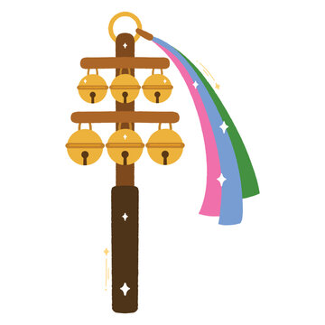 Ornate golden Kagura Suzu bells featuring long decorative ribbons for ceremonial shrine
dances.