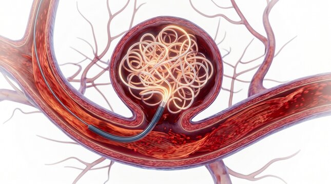 3D Microscopic View of Cerebral Aneurysm Platinum Coil Embolization