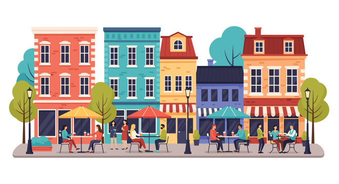 Vibrant urban street scene with colorful historic buildings and busy outdoor cafe terraces with people socialising together.
