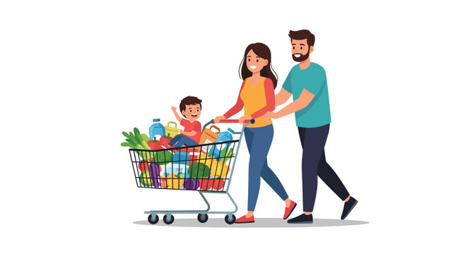 Happy family with young child walking and pushing shopping cart overflowing with healthy fresh groceries and food items.