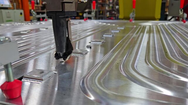 Robot mounted flow drill screw operation, used to join two piece of metal together, this is for a battery tray for an electric vehicle
