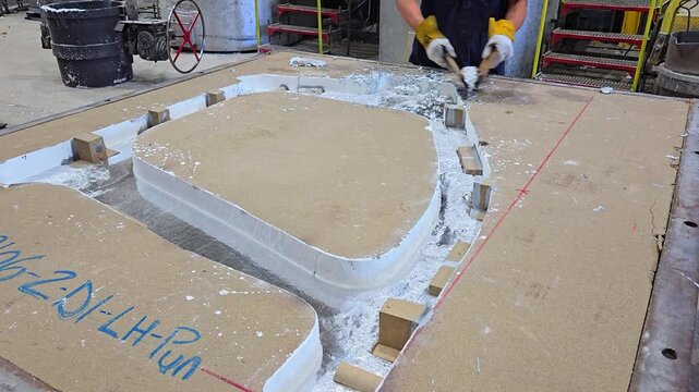Worker cleaning slag from Kirksite mold in a foundry for car prototyping