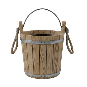 Empty wooden bucket with rope handle