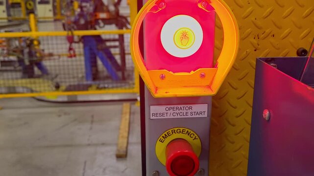 Red emergency stop button activating machine safety on a manufacturing plant control panel