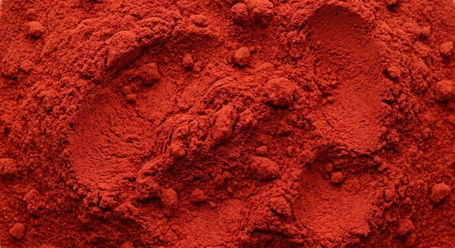 Macro close-up of vibrant red clay powder texture with intricate surface details and natural earthy tones creating a rich and organic abstract background