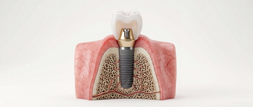 Dental implant cross section with crown and gum anatomy 3D illustration