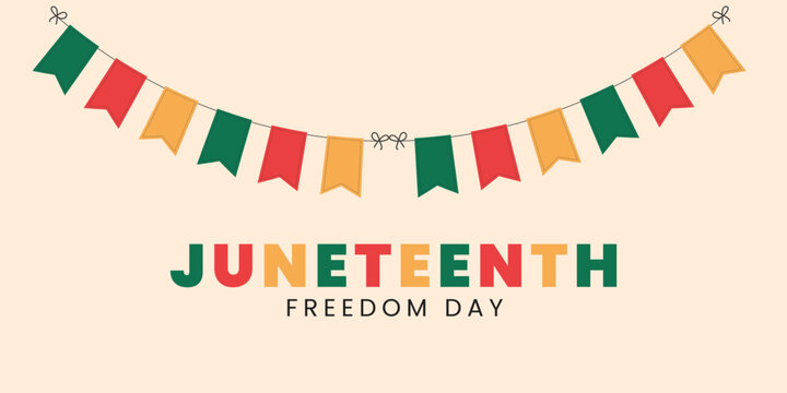 Juneteenth Freedom Day celebration vector banner featuring colorful bunting flags over text on cream background.