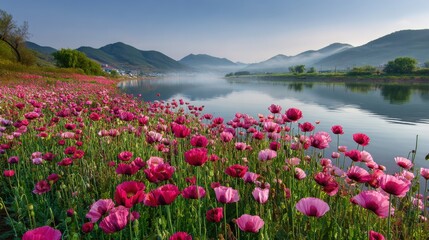 Obraz premium Pink poppy field blooming beside calm mountain river at dawn