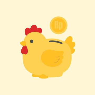 Minimal flat vector illustration of a cute chicken shaped piggy bank with Indonesian rupiah coin. Ideal for savings, finance, budgeting, banking, investment, children, and economy themes.