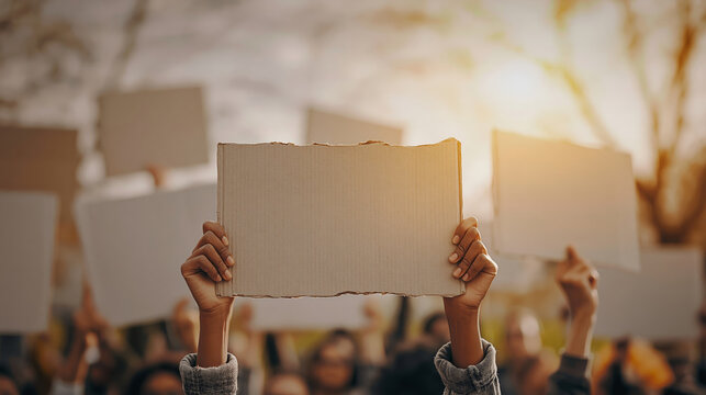 Protest cardboard sign hands crowd climate action demonstration activism human right environment unity raised cardboard sign activist crowd during