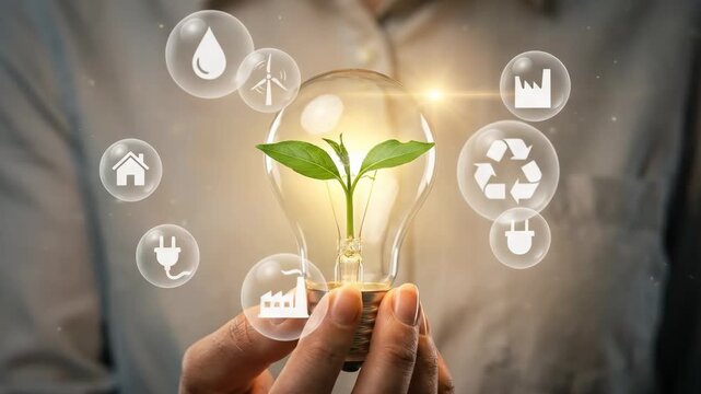 Renewable energy sustainability green electricity recycling innovation ecology plant lightbulb. Sustainable green energy business responsibility, innovation, future environmental ethics