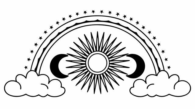 Sun and moon celestial symbols appear with stylized clouds in this line art design.