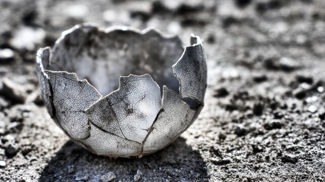 Fragmented Sun-bleached Ceramic Shard with Sharp Broken Edges Lying on Textured Ground