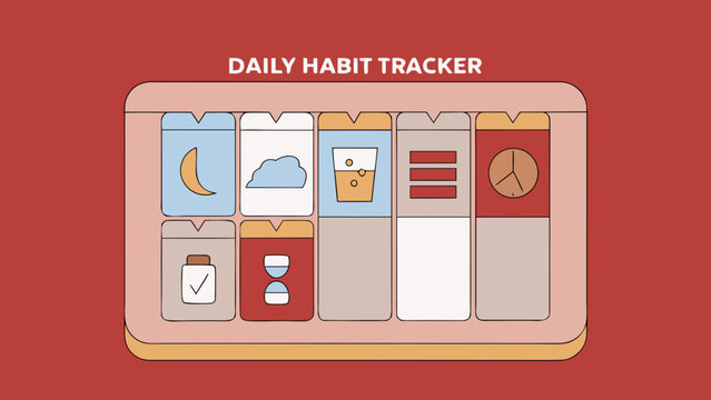 Habit tracker chart displays daily progress with colorful icons on a red background.
