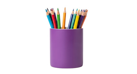Fototapeta premium Purple pencil holder filled with colorful pencils on white background