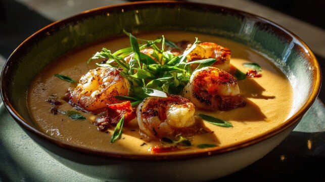 Spiced shrimp bisque with cream sauce and fresh herbs in ceramic bowl