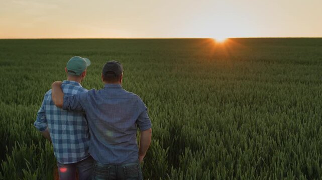 Two male farmers standing together in a green field during golden hour sunset.