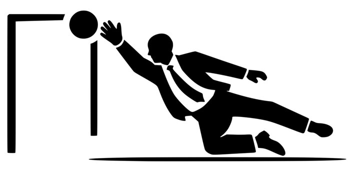 High-contrast black silhouette of a businessman acting as a soccer goalie making a diving save. Minimalist vector art symbolizing corporate defense, risk management, and professional protection.
