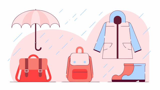 Rain gear including an umbrella, a backpack, and boots sits under falling raindrops.