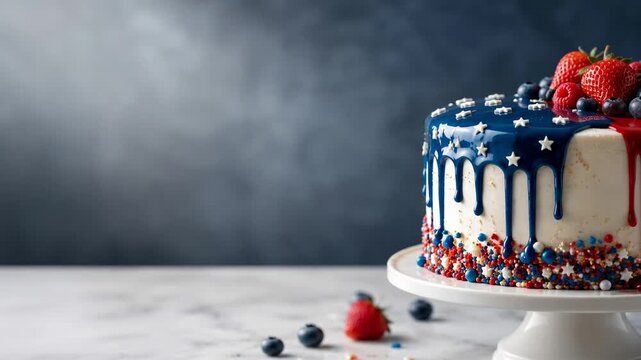 Patriotic cake with red white and blue icing and berries on dark background with copy space, festive USA dessert concept, Fourth of July, America 250 anniversary.