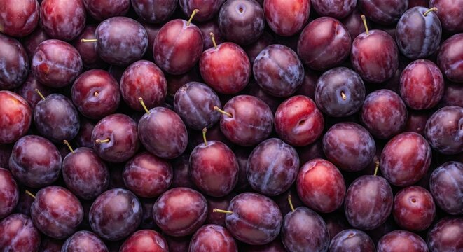 Abundant fresh ripe red purple plums filling the entire frame in a vibrant close-up overhead view showcasing their smooth skin and natural beauty