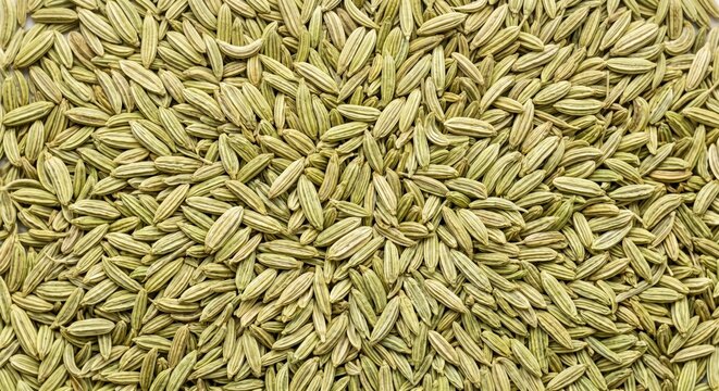 Close up macro view of dried green fennel seeds filling the entire frame showcasing their elongated shape and subtle striped texture