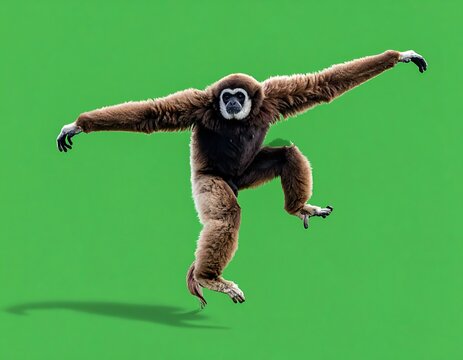 A monkey in mid-air against a green background