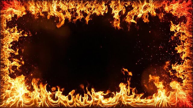 Bright blazing fire flames border with dark empty center for intense background or frame design