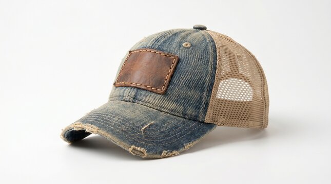 Distressed denim baseball cap with leather patch and mesh back isolated on white background