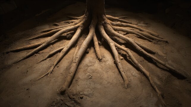 Intricate network of exposed young tree roots gripping firmly into the soil