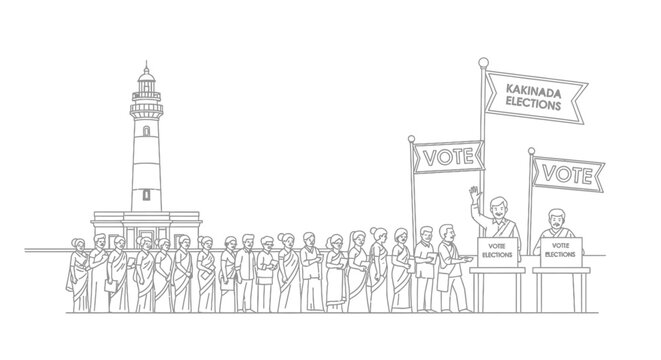 Regional election voters in line with flags and voting machines