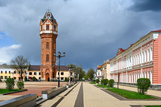 Walking promenade on Cathedral Square in Staraya Russa, Novgorod region of Russia
