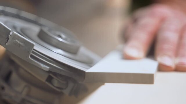 Worker is polishing and making the edge of a ceramic tile with an electric grinder on a workbench during a home project. Close up