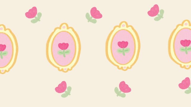 Vintage Yellow Oval Frame with Pink Tulips Seamless Loop Animation Hand Drawn Doodle Background