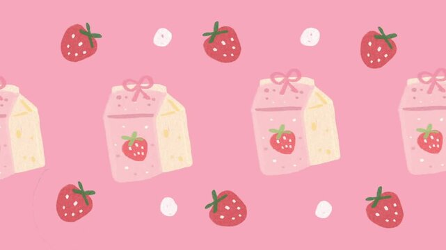Cute Strawberry Milk Cartons and Fresh Berries Seamless Loop Animation Hand Drawn Doodle Background