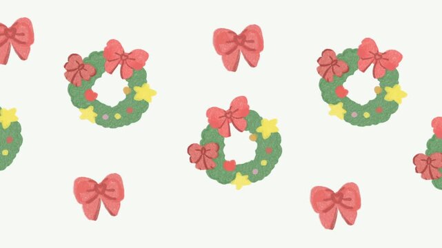 Festive Christmas Wreaths with Red Bows Seamless Loop Animation Cute Hand Drawn Pencil Sketch Background