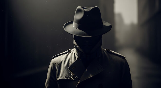 Mysterious figure in a trench coat and hat stands in a shadowy alleyway, evoking intrigue